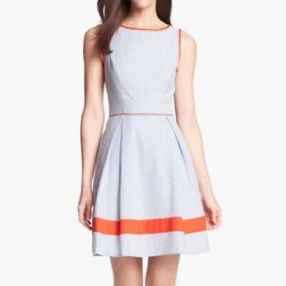 Seersucker Dress with Bright Orange Detail